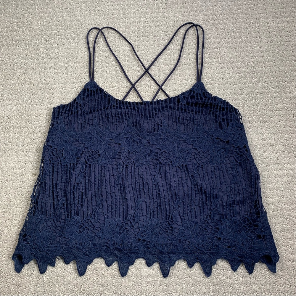 NWT Full Tilt Navy Blue Lace Cropped Strappy Cross Tank Top Size Small